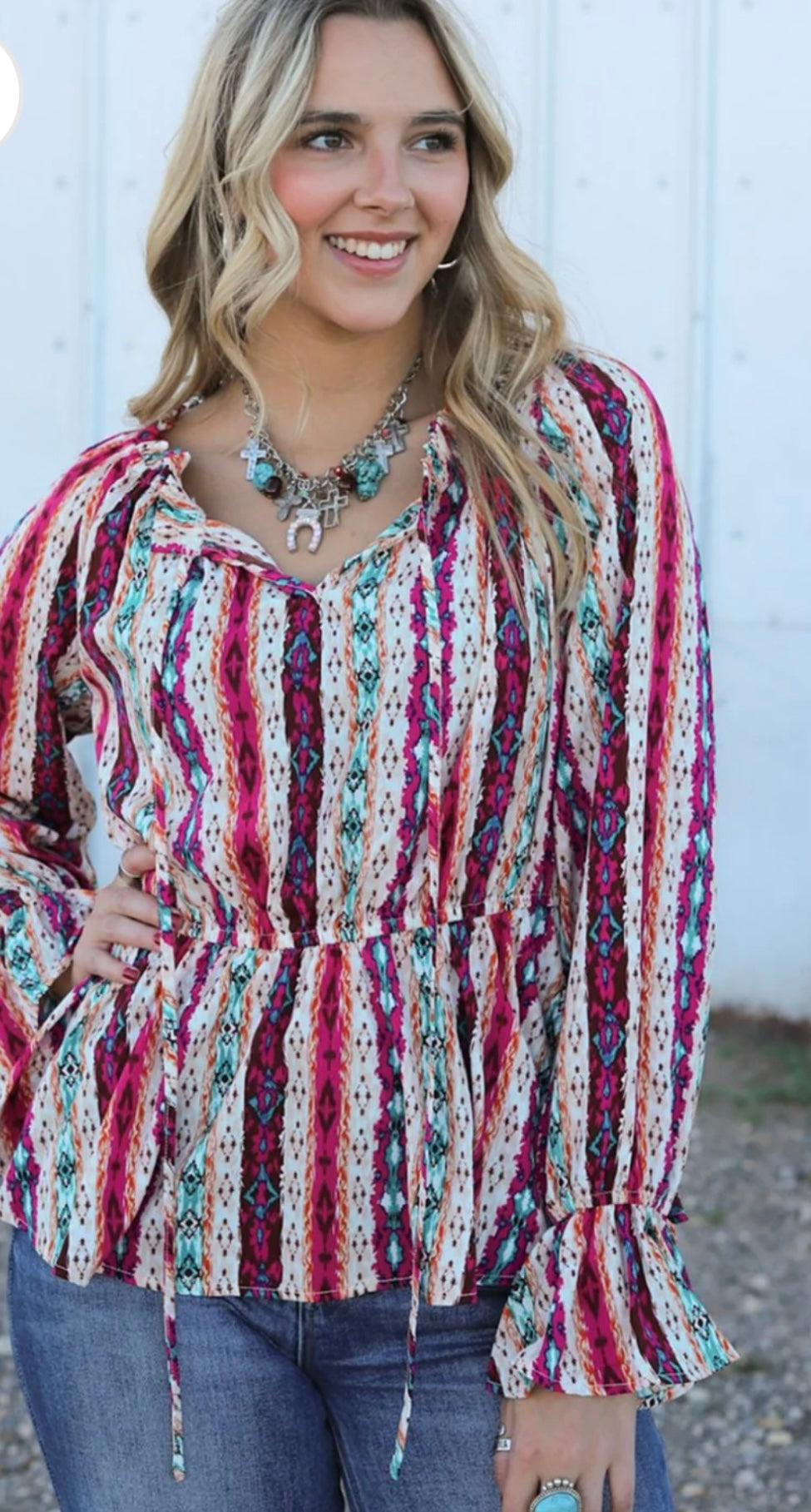 Multicolour Western Print Split Neck Peplum Blouse Amazing Willow Co