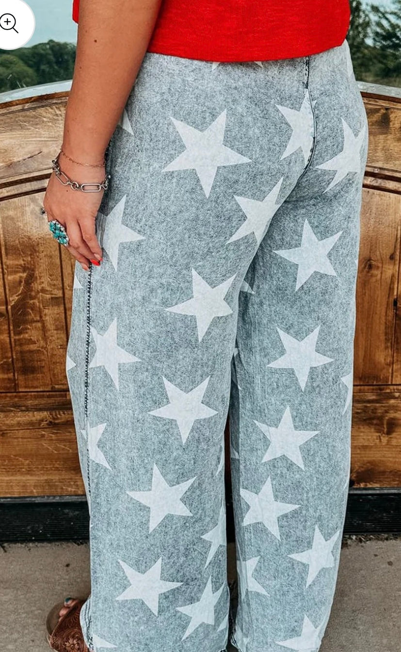 Star Light Wash Drawstring High Waist Wide Leg Jeans
