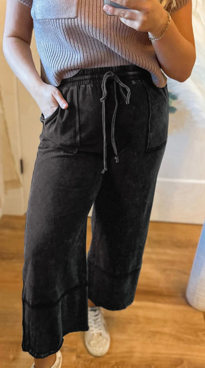 Plus Size Wash Exposed Seam Wide Leg Cropped Pants