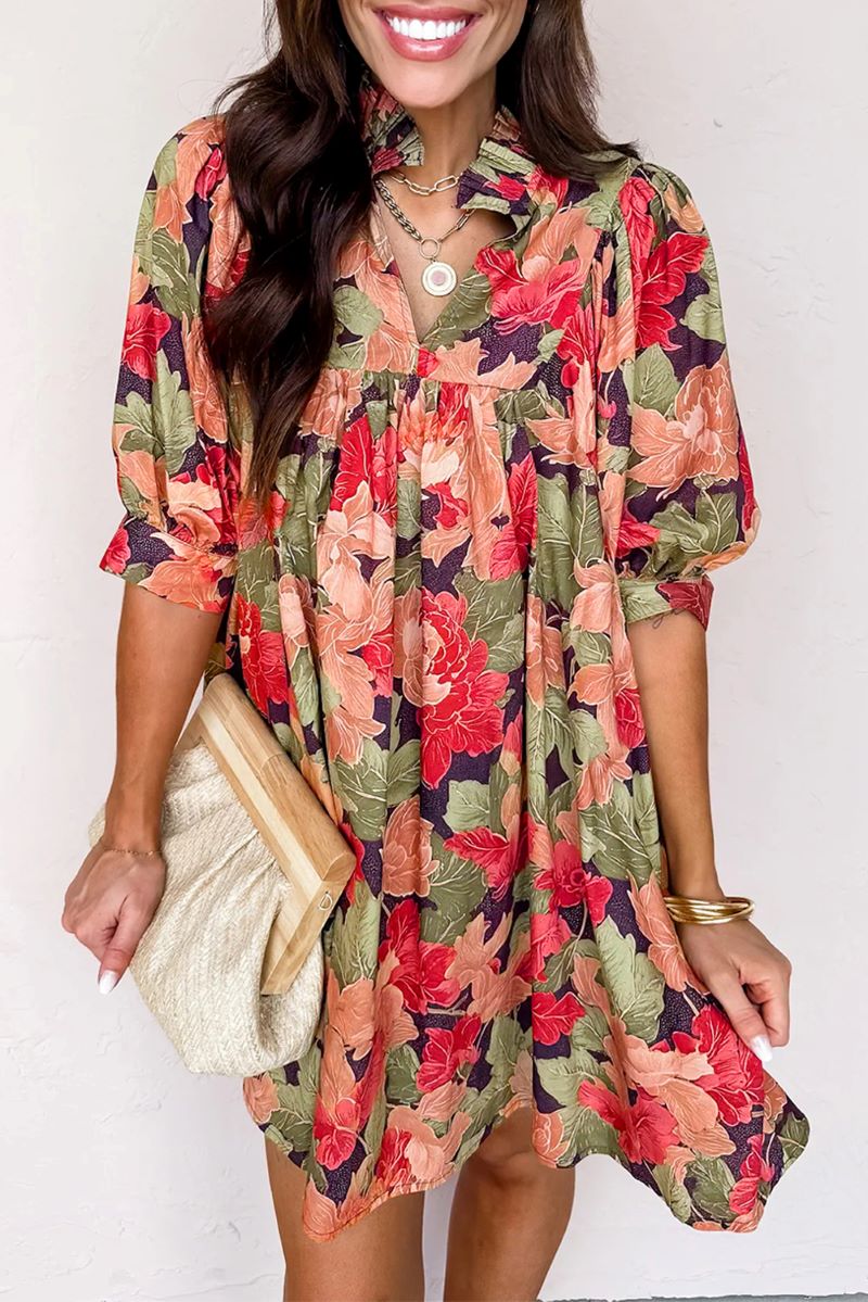 FLORAL FORECAST GREEN MULTI MINI DRESS **SHIPPING EXPECTED TO BEGIN ON DATE 11/7**
