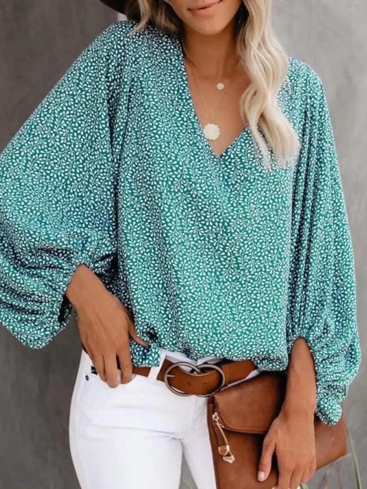 Printed Vneck Long Sleeve Blouse