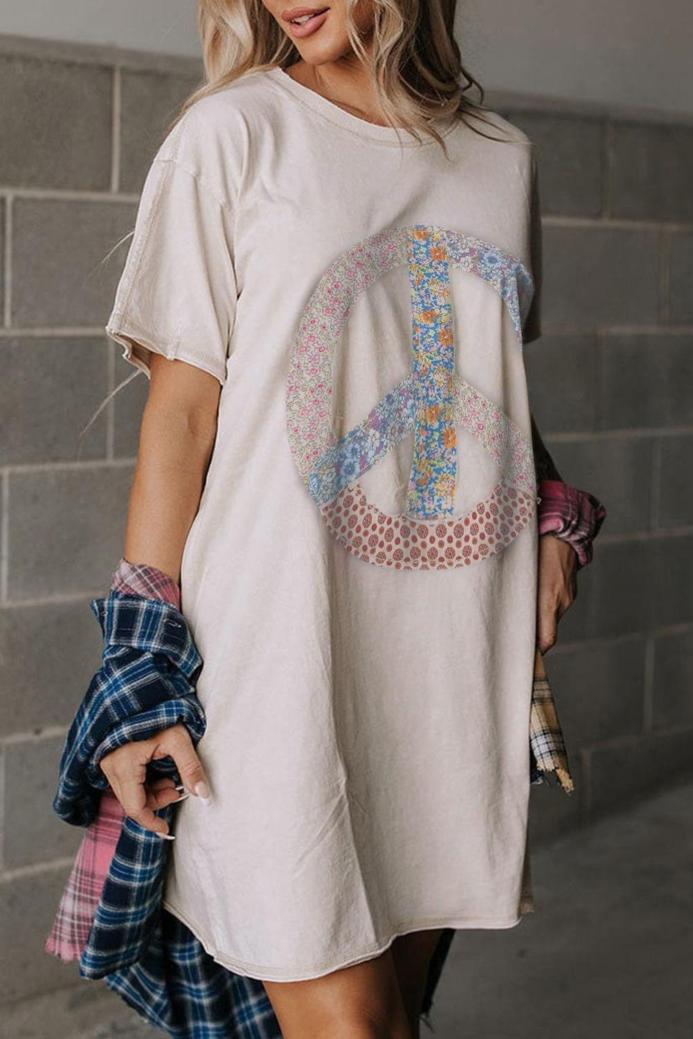 White Floral Peace Sign T shirt Dress