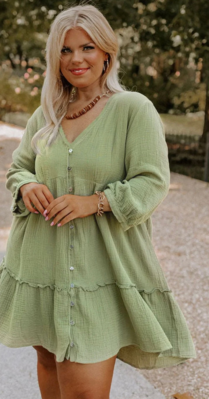 Plus Size Textured Ruffled Green Buttoned Vneck Dress