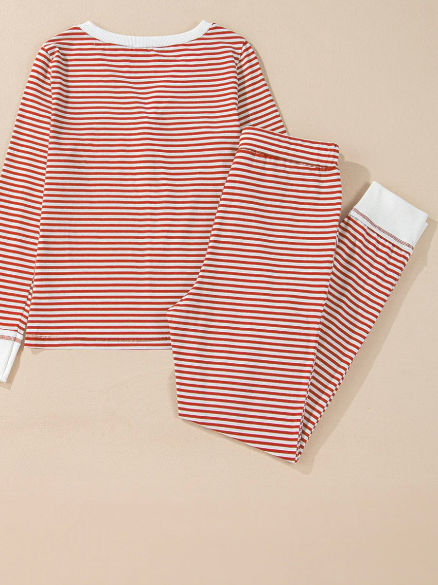 (Pre order/9.10)Stripe Buttoned Top and Knotted Waist Pants Lounge Set