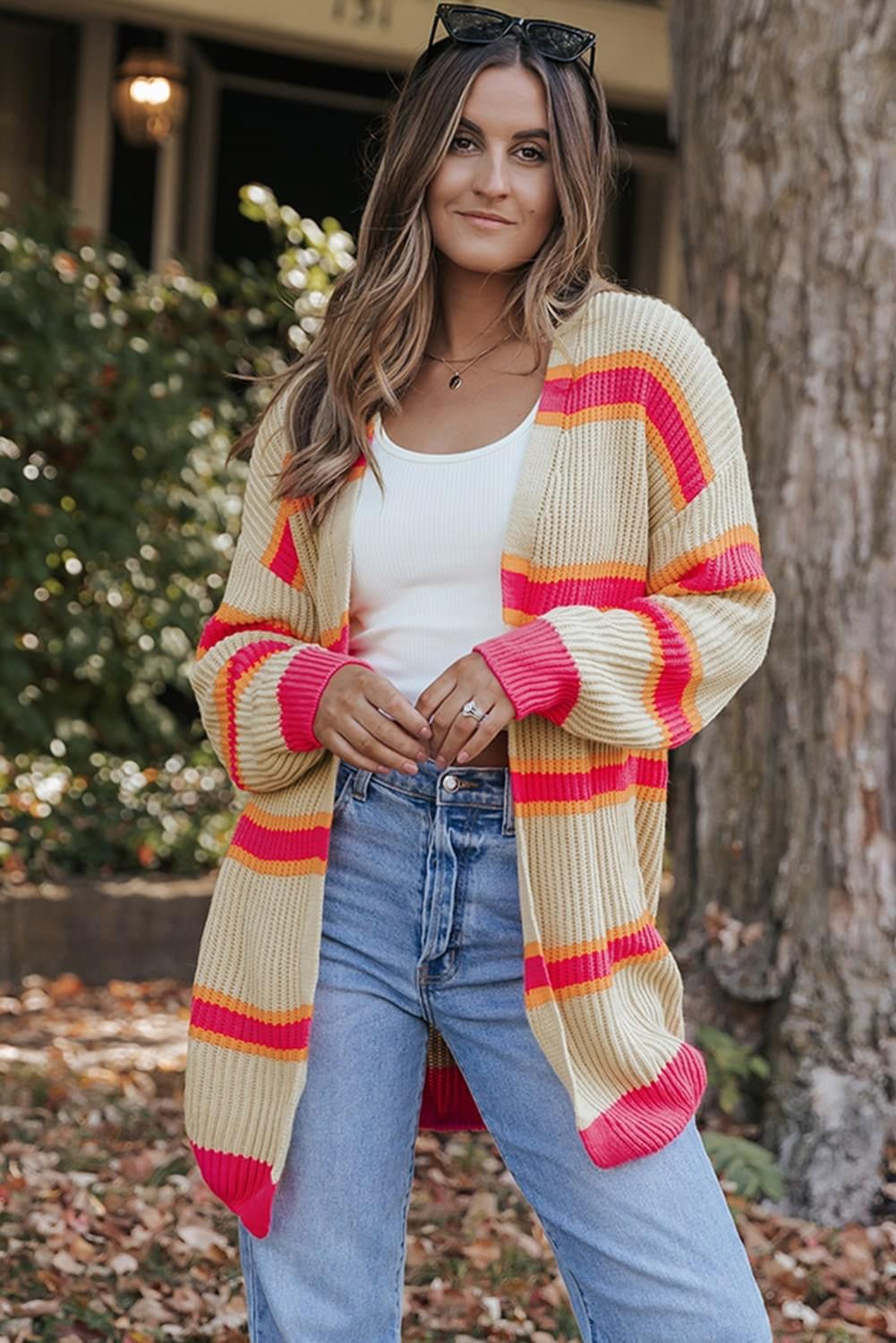 Stripe Printed Ribbed Knitted Cardigan