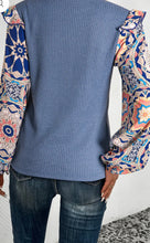 Load image into Gallery viewer, Ruffled Floral Patchwork Sleeve Waffle Knit Blouse
