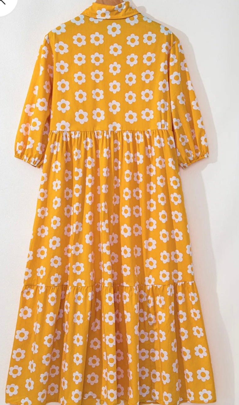 Floral Collared Neck Three-Quarter Sleeve Dress