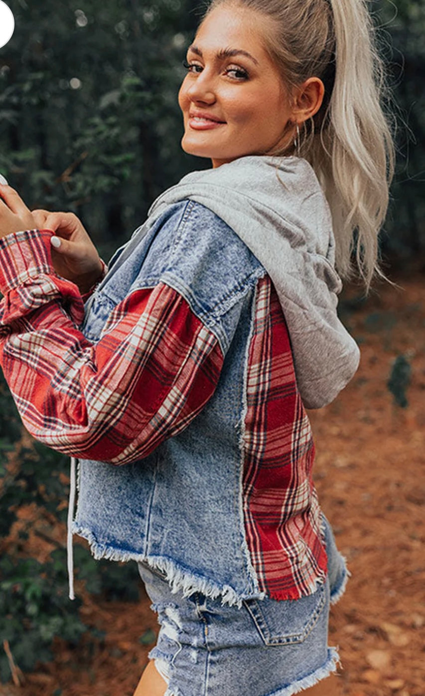 Plaid Patchwork Hooded Denim Jacket