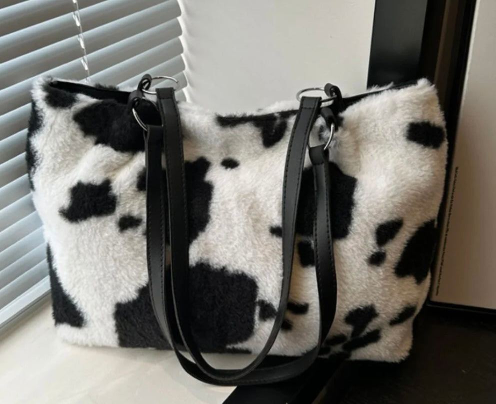 Cow Print Furry Tote Bag