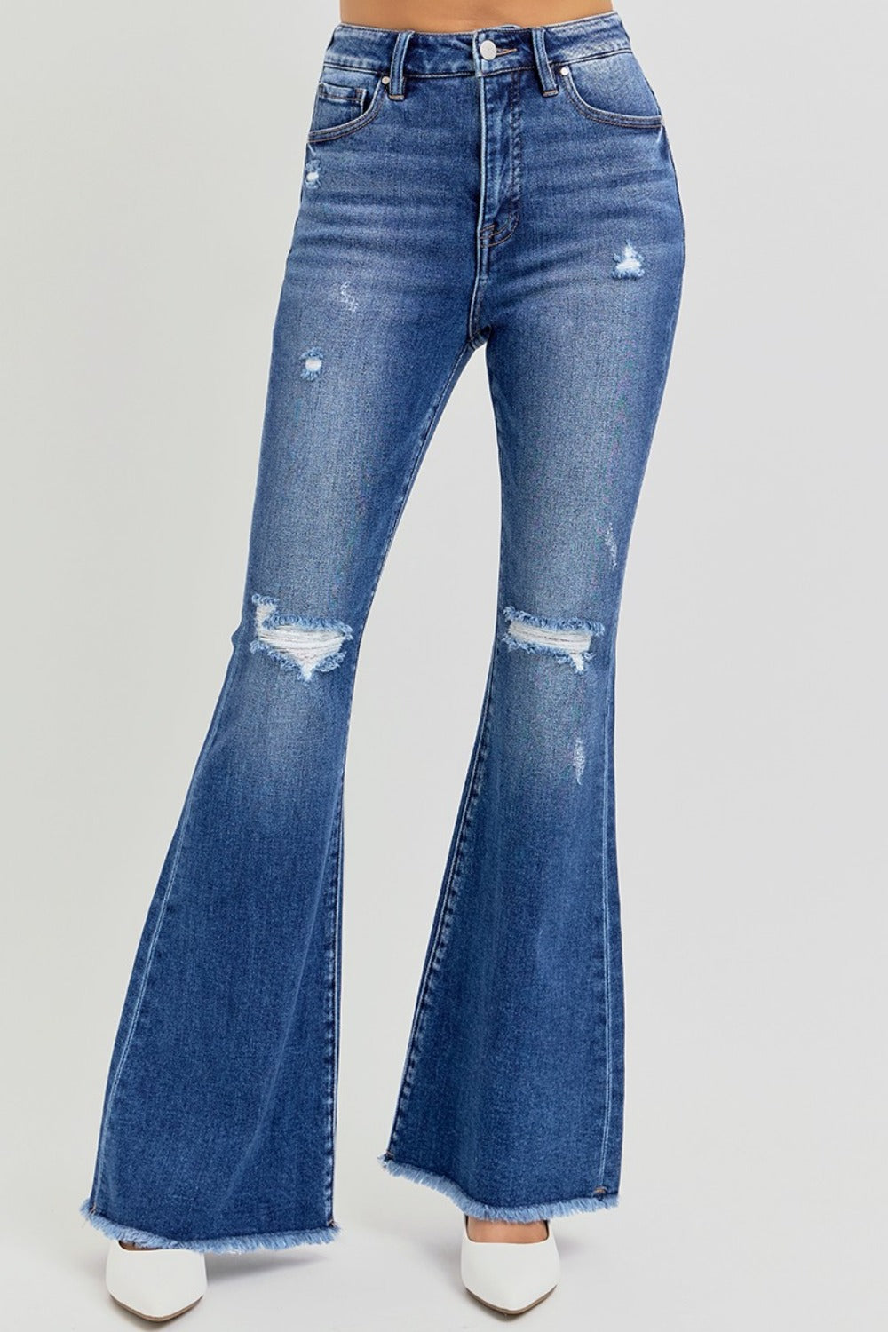 RISEN Full Size High Rise Distressed Raw Hem Flare Jeans Creative Chaos Boutique