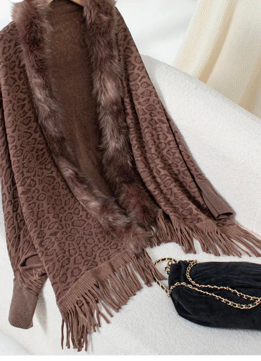 Fringe Leopard Open Front Long Sleeve Poncho