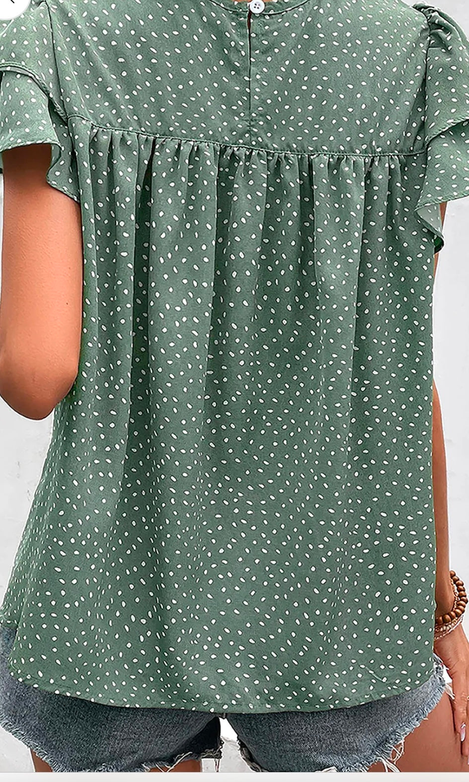 Dotted Ruffle Sleeve Ruched Blouse