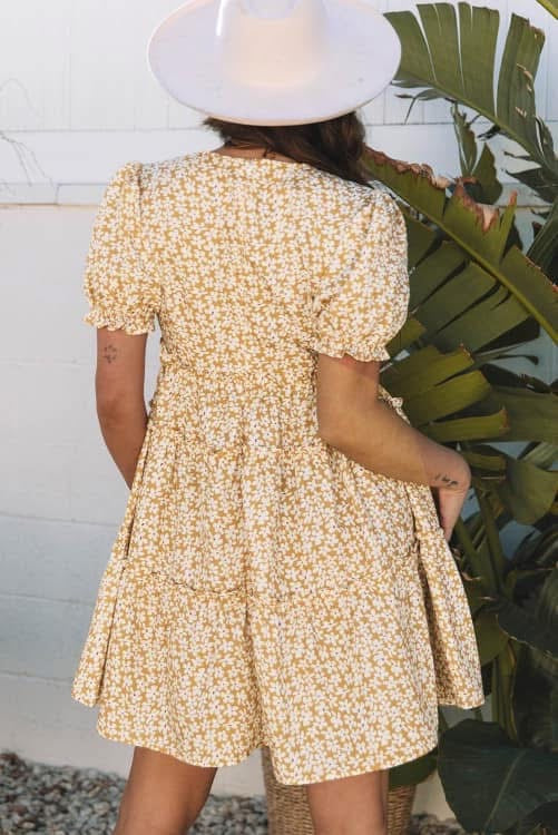 Yellow Floral V Neck Frilly Tiered Mini dress