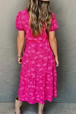 HAPPINESS BLOOMS ROSE RED FLORAL PLEATED MIDI DRESS **SHIPPING EXPECTED TO BEGIN ON DATE 4/5**