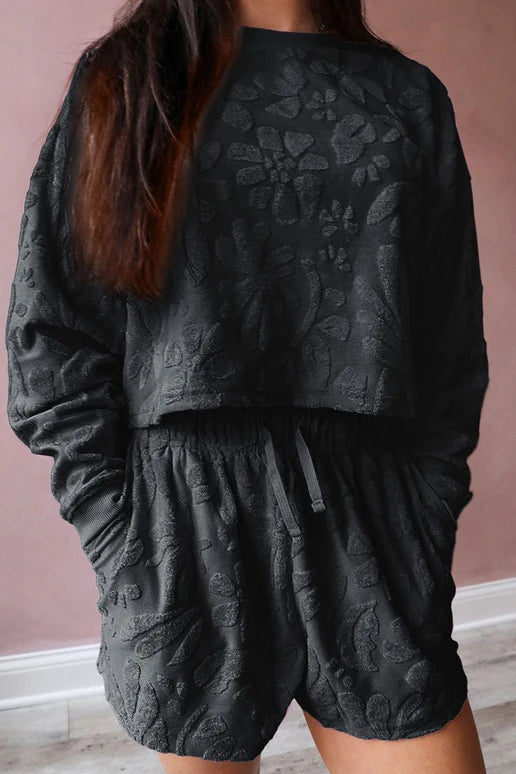 FLORA JACQUARD TEXTURED LONG SLEEVE CROP TOP AND SHORTS SET **SHIPPING EXPECTED TO BEGIN ON DATE 8/30**