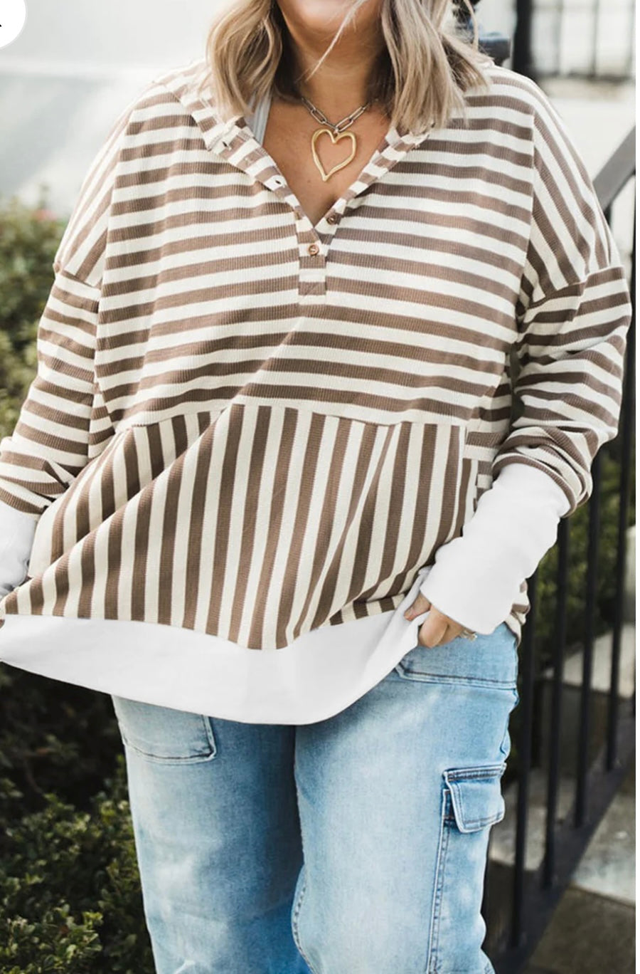 Plus Size Stripe Quarter Buttons Hoodie