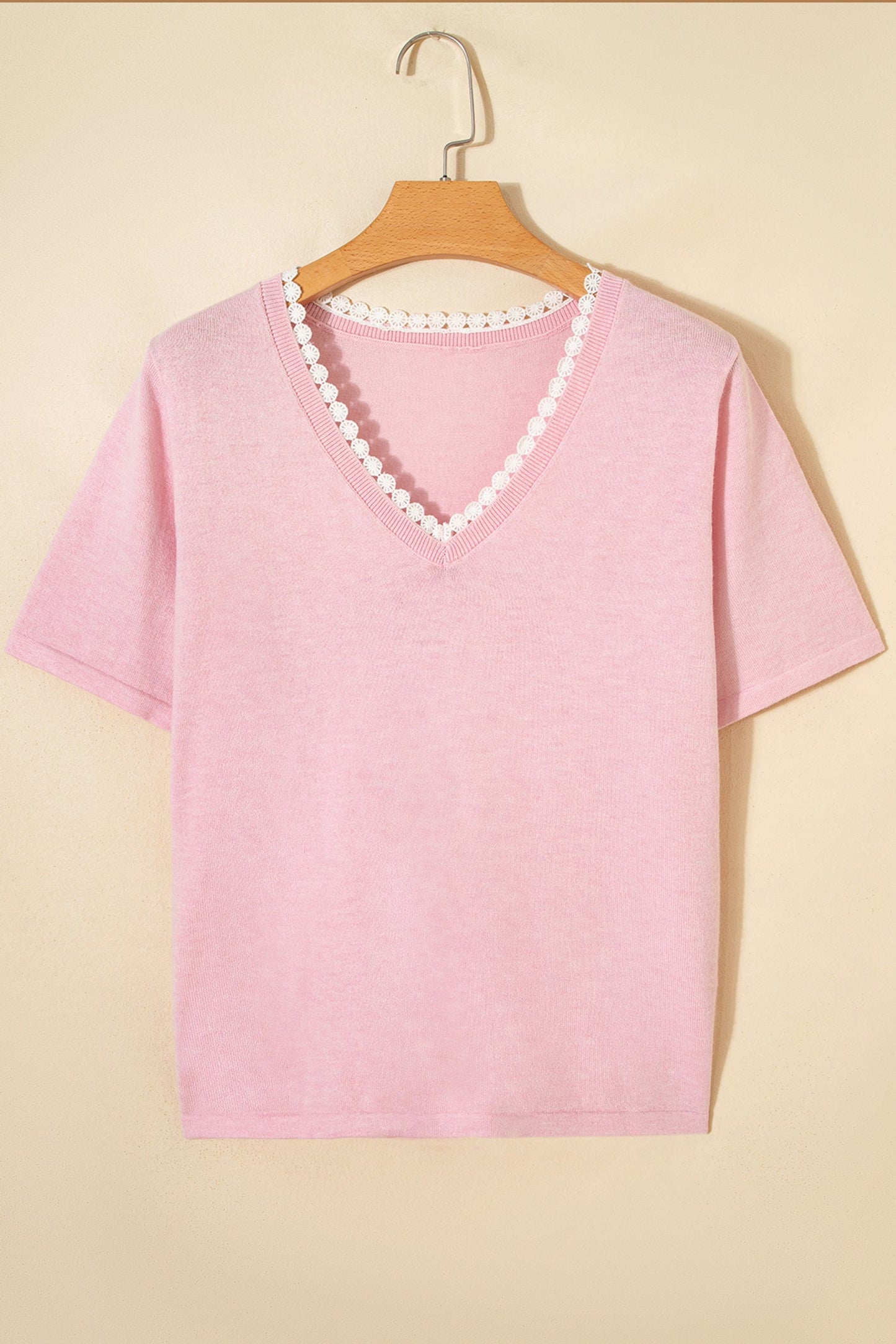 Strawberry Pink Lacy V Neckline Short Sleeve Sweater Wild and Free Boutique