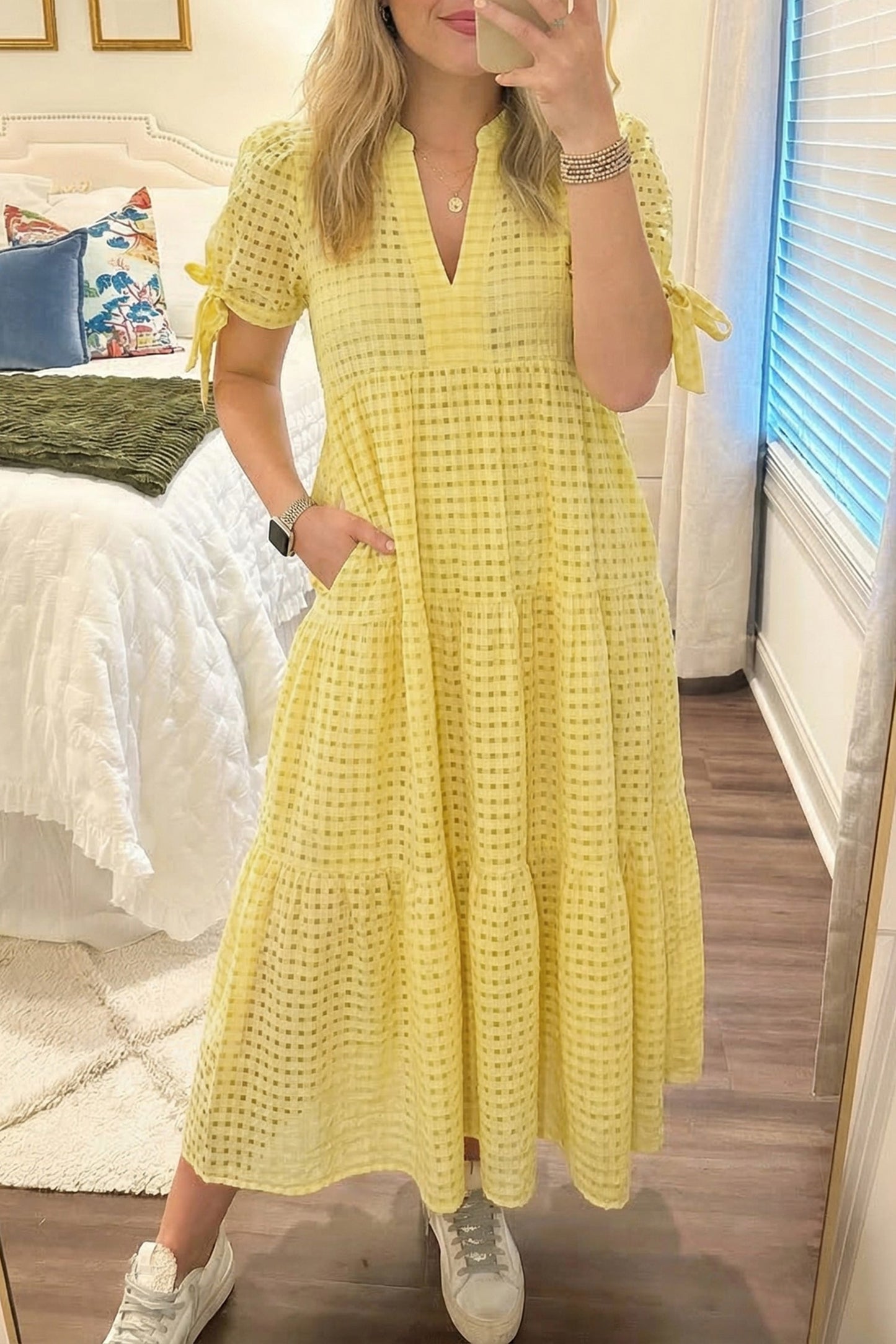 Yellow Gingham Textured Bow Tie Short Sleeve Tiered Midi Dress
