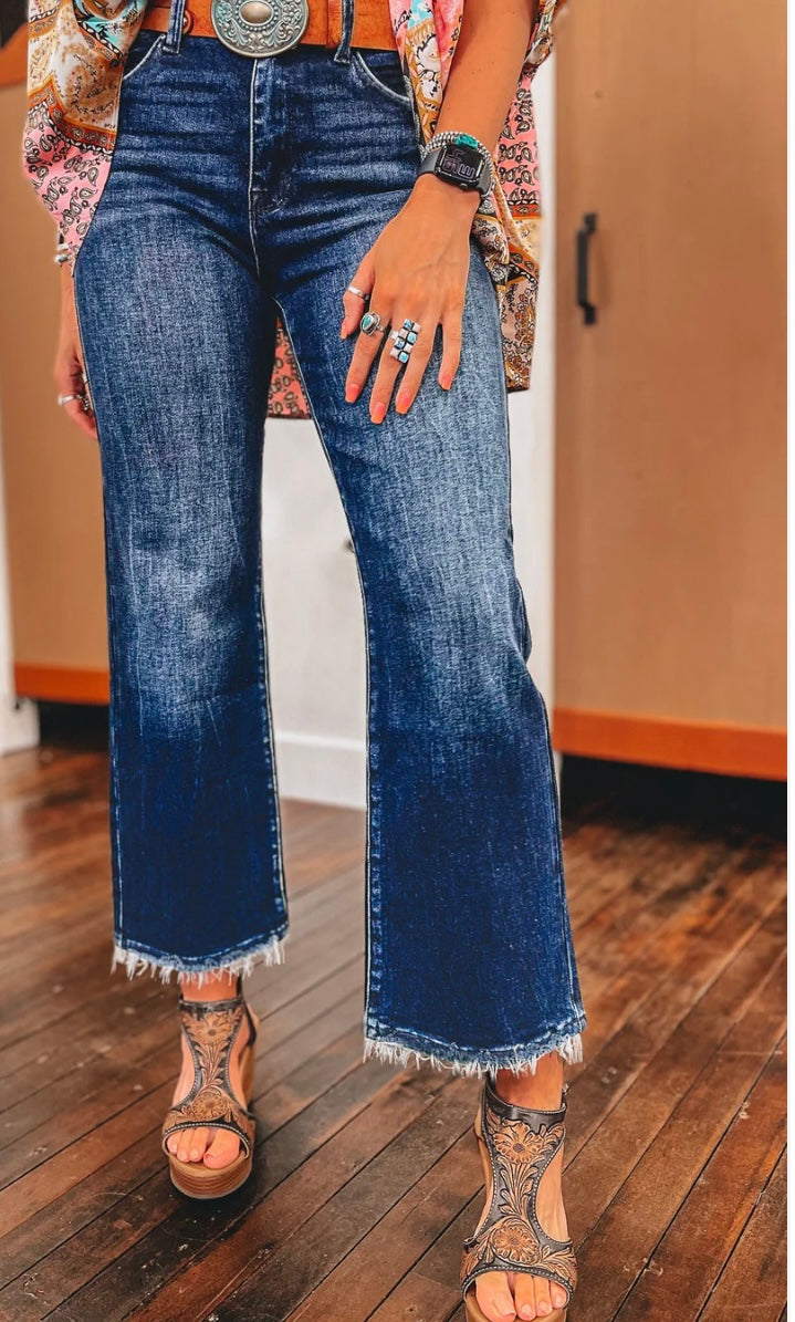 Sail Blue Mineral Wash Raw Hem High Waist Flared Jeans