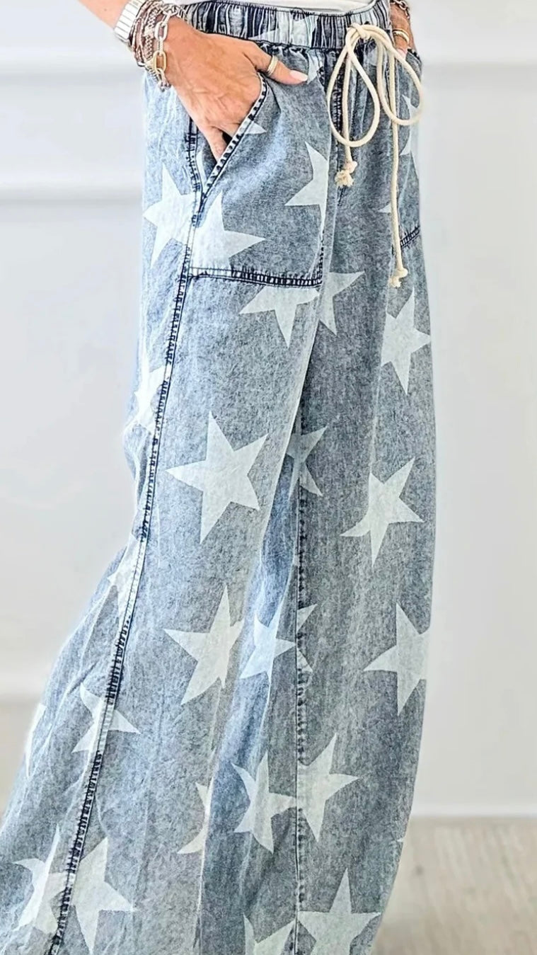 Star Light Wash Drawstring High Waist Wide Leg Jeans