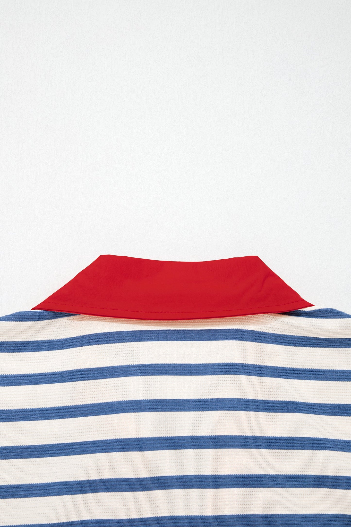 Blue Stripe Short Puff Sleeve Color Block Polo Collar Blouse