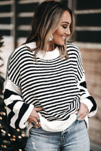 Load image into Gallery viewer, Black white Striped Bishop Sleeve Knit Sweater
