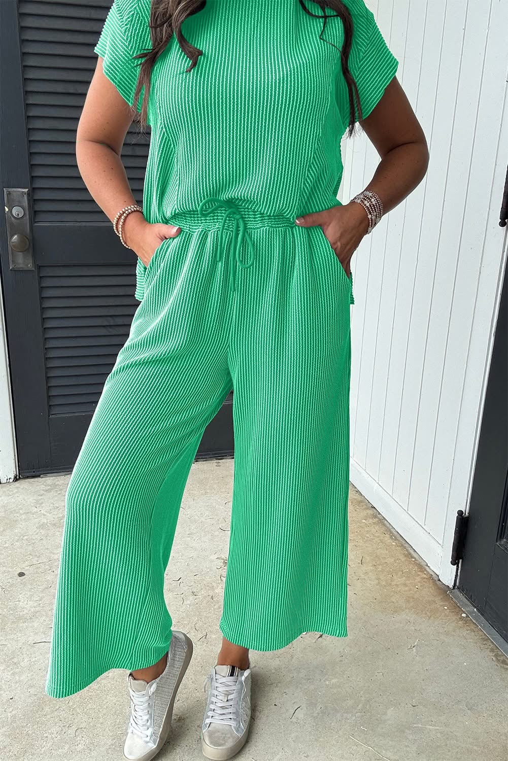 Solid Corded Wide Leg Pants Set