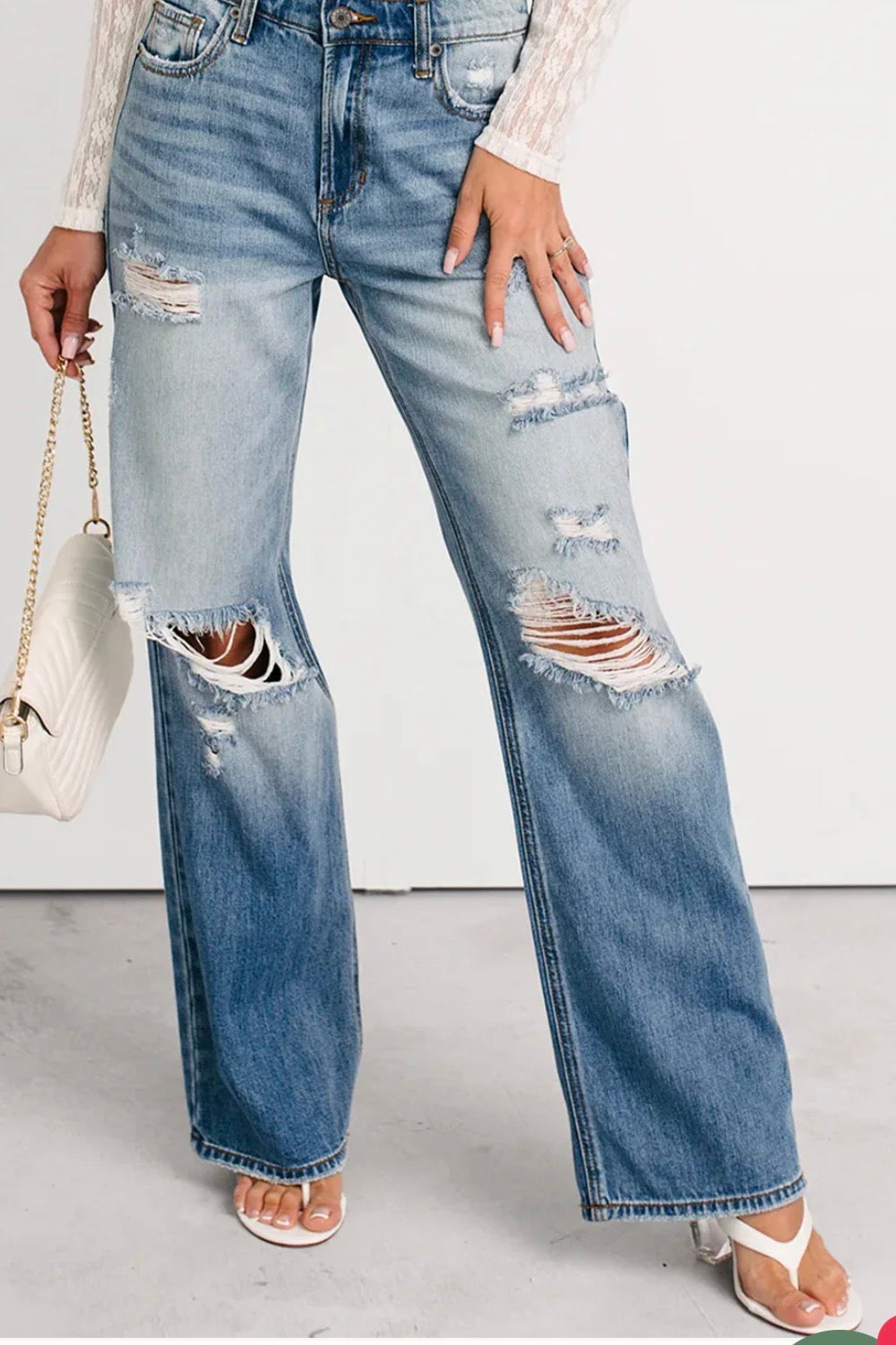 Mid Rise Distressed Straight Jeans