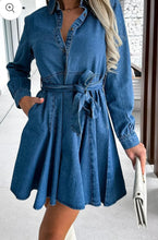 Load image into Gallery viewer, Tied Half Button Long Sleeve Denim Dress
