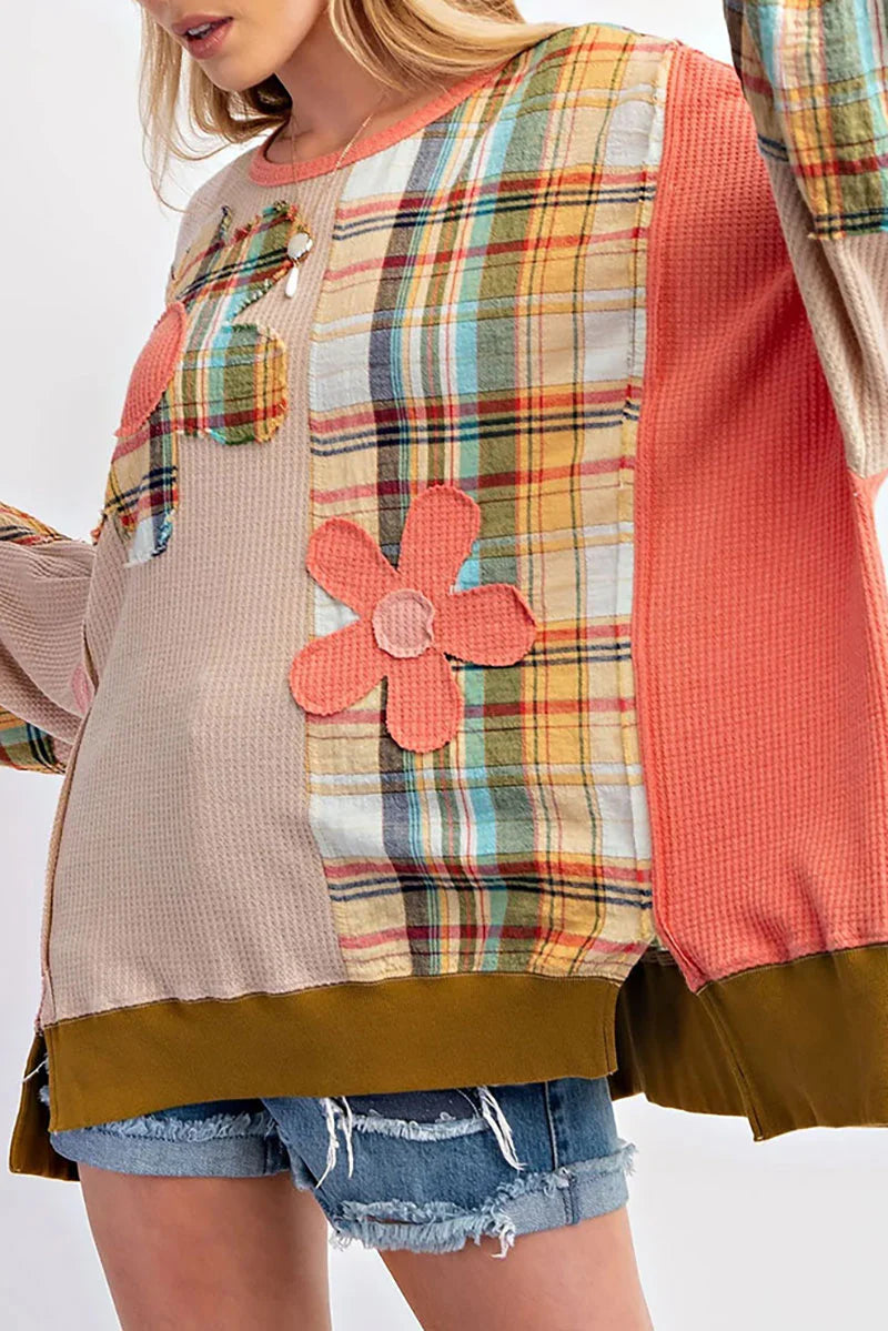 PLAID PETAL PATCHWORK WAFFLE DROP SHOULDER TOP **SHIPPING EXPECTED TO BEGIN ON DATE 10/22**