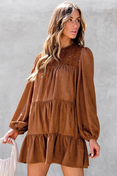 Chestnut Floral Lace Crochet Ruffled Mini Dress