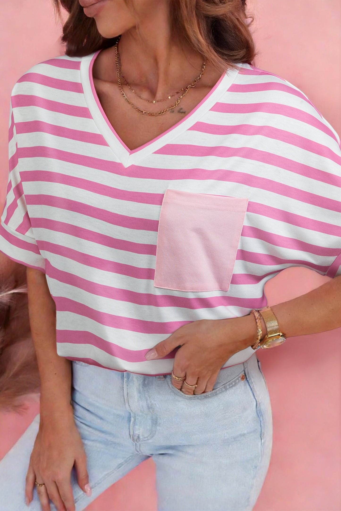 Sky Blue Stripe V Neck Patched Pocket Casual T Shirt