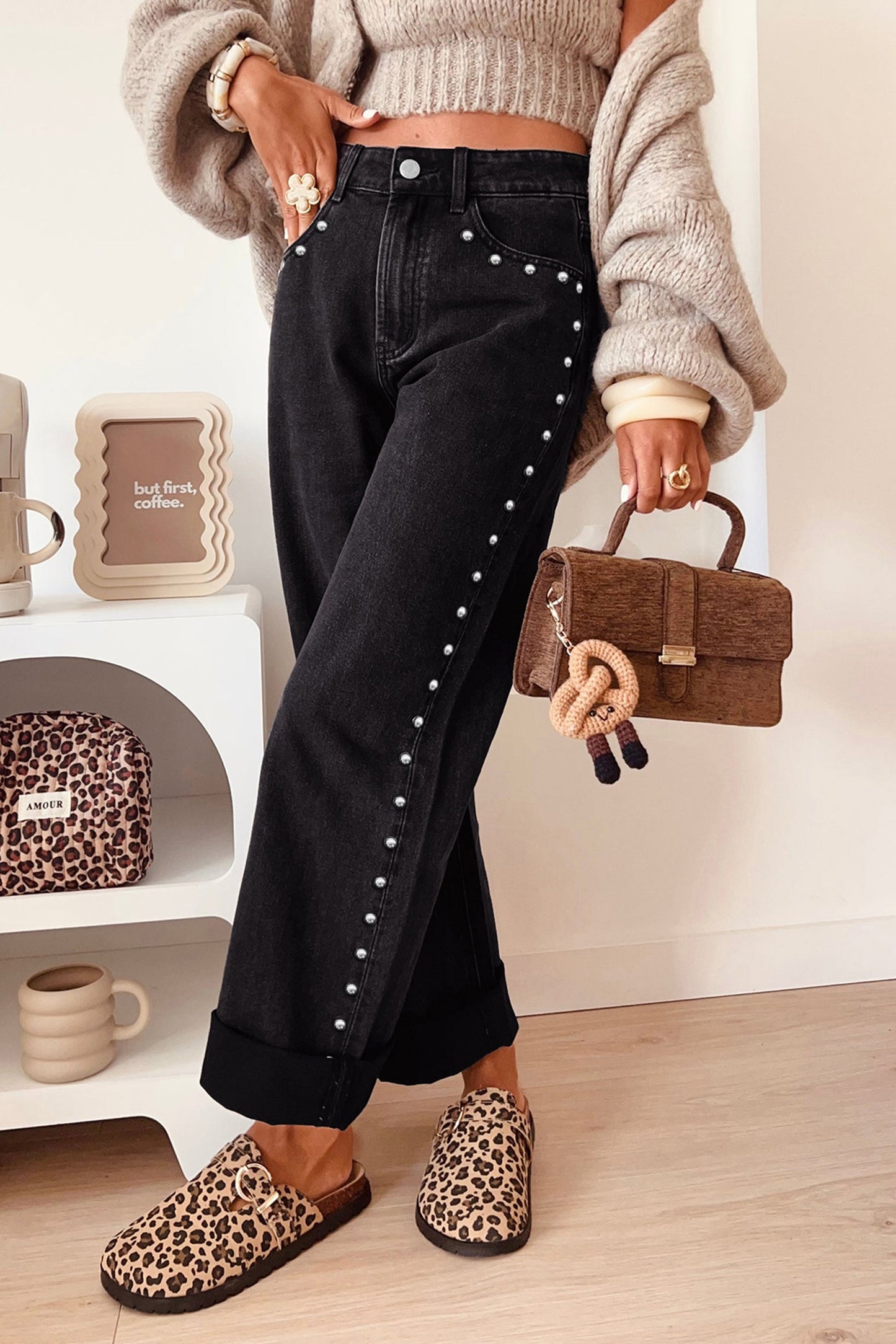 Navy Blue Studded Detail Straight Leg Casual Loose Jeans