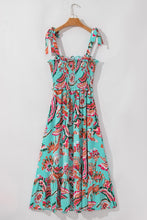 Load image into Gallery viewer, Green Abstract Smocked Bodice Knotted Straps Ruffled Maxi Dress
