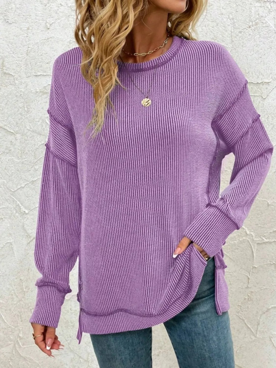 Side Slit Round Neck Sweatshirt
