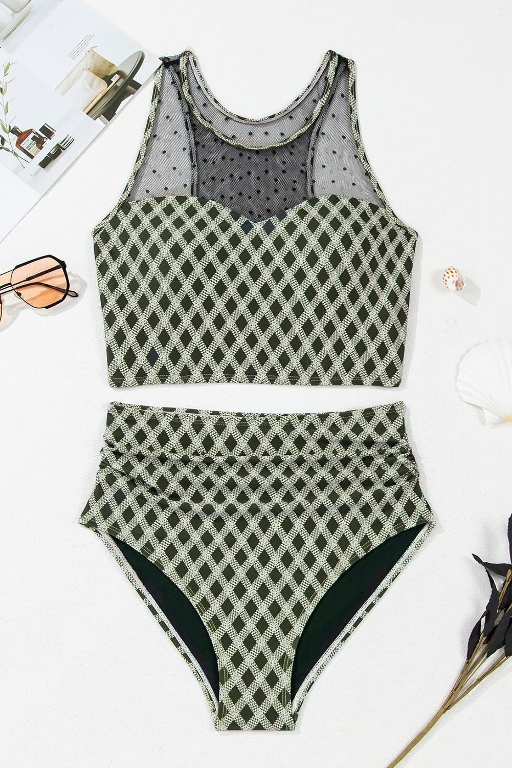 Green Dotted Mesh Plaid High Waisted Bikini
