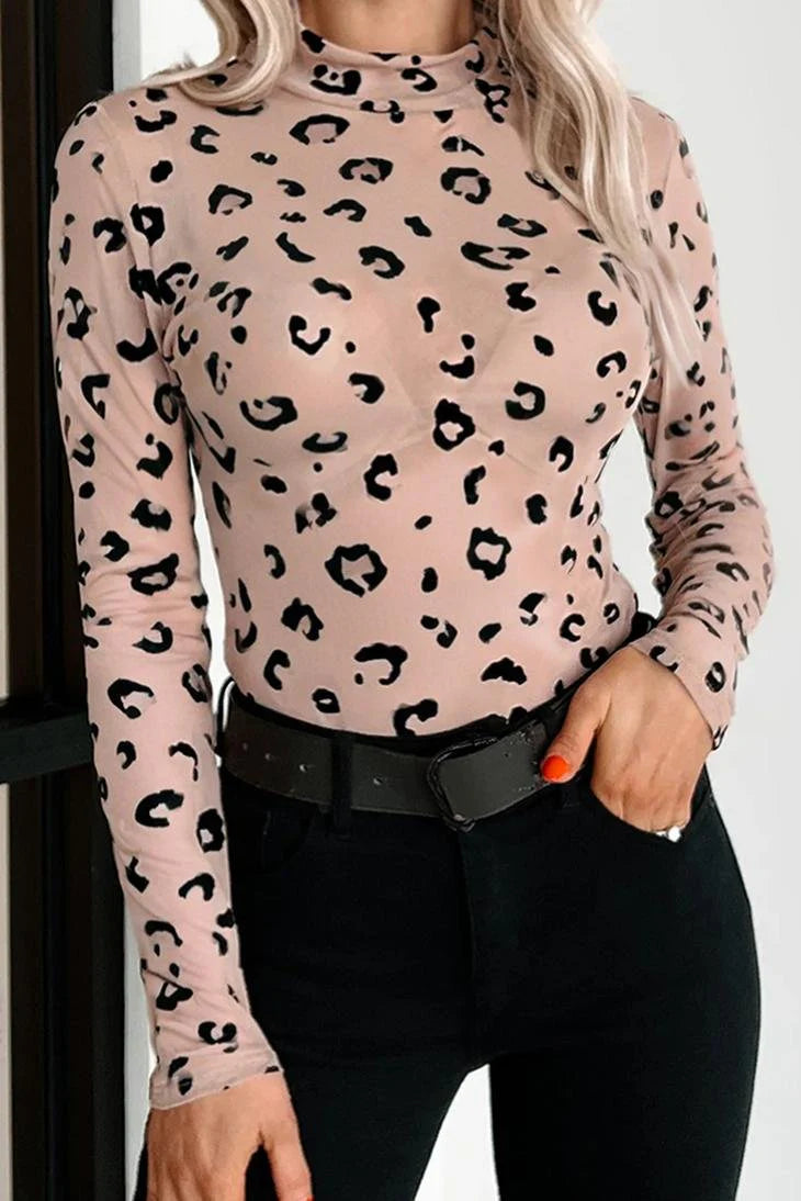 SPOTTED IN STYLE KHAKI LEOPARD SHEER BODYSUIT **SHIPPING EXPECTED TO BEGIN ON DATE 10/30**