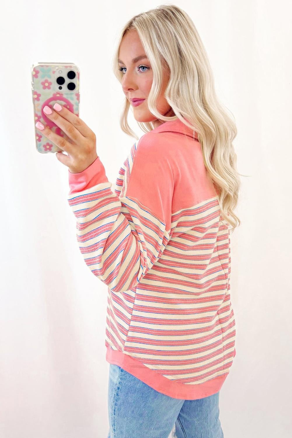 Pink Stripe V neck Collared Top