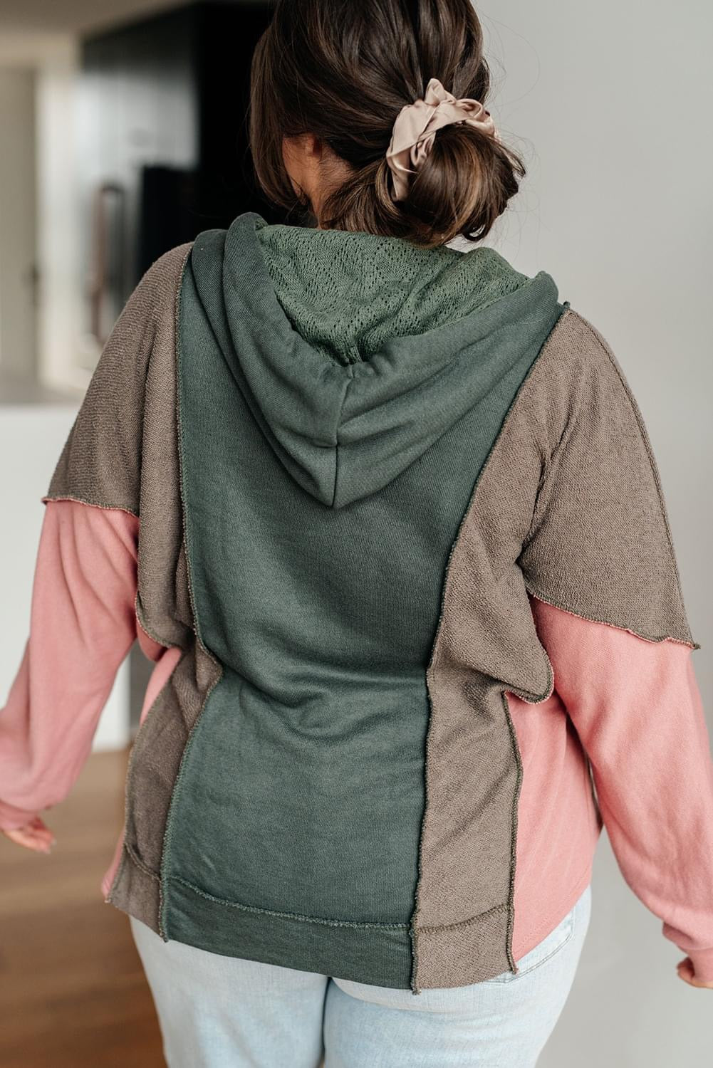 Green Plus Size Colorblock Patchwork V Neck Hoodie