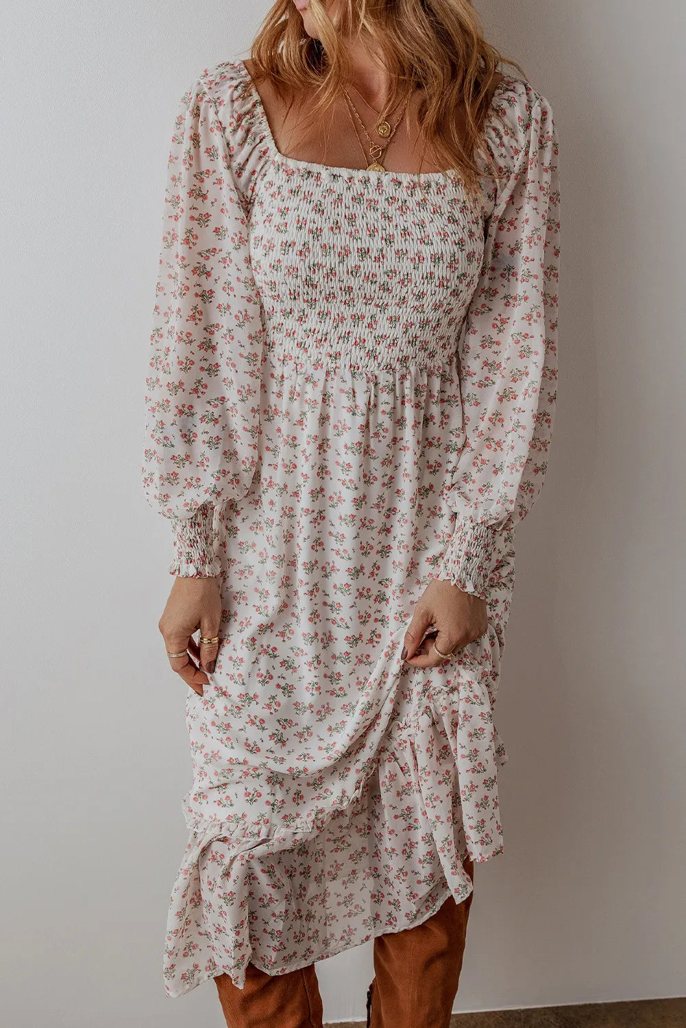 Smocked Floral Square Neck Long Sleeve Midi Dress Creative Chaos Boutique