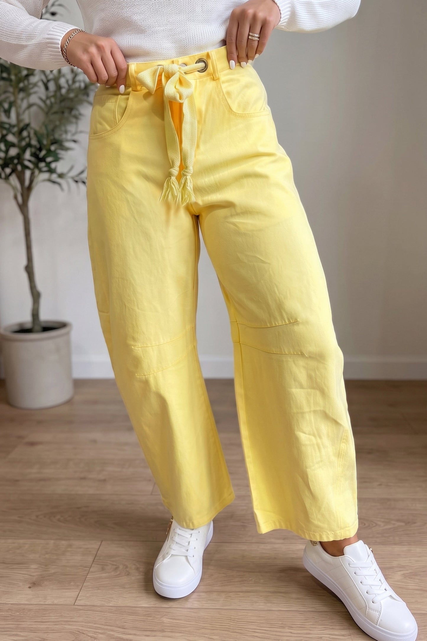 Light Pink Solid Color Grommet Detail Knot Waist Barrel Jeans