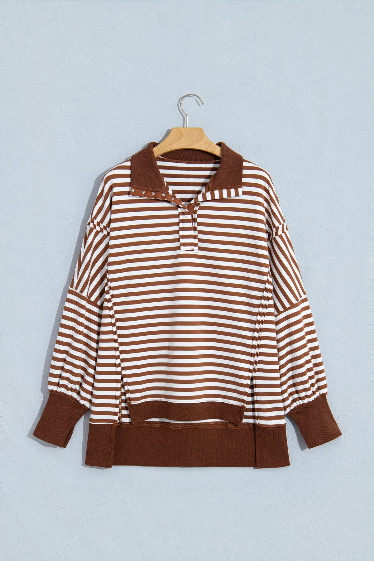 Blue Stripe Color Block Trim Raw Seam Split Hem Loose Pullover Sweatshirt
