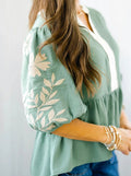 V Neck Embroidered Puff Sleeve Babydoll Blouse