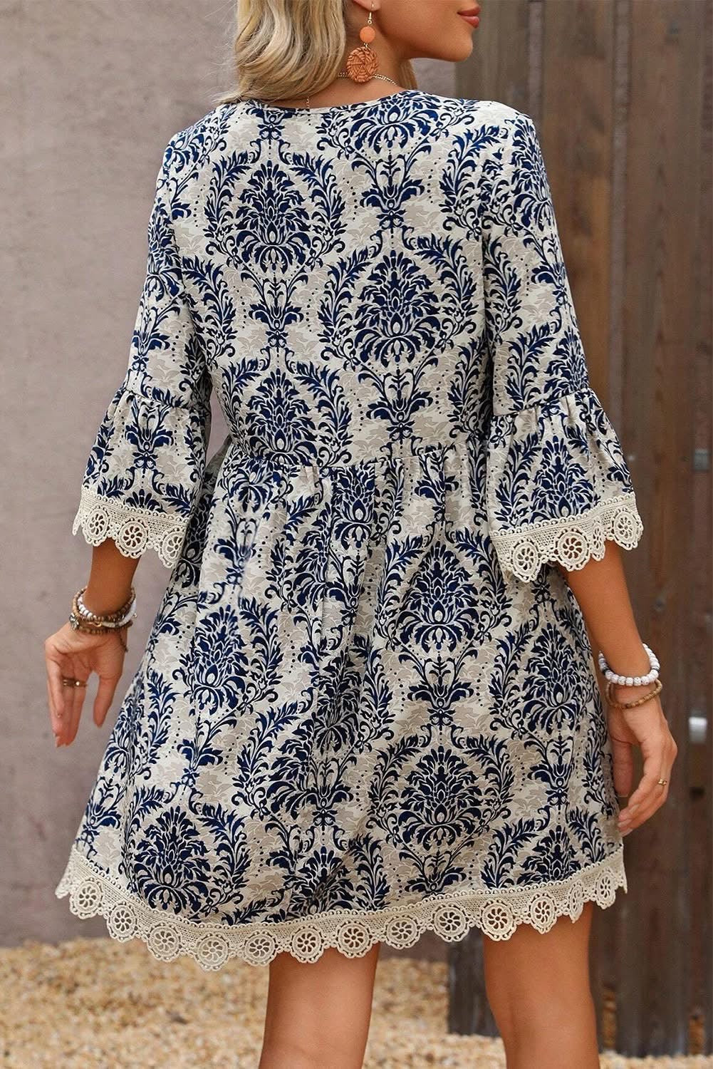 Sky Blue Vintage V Neck Loose Dress