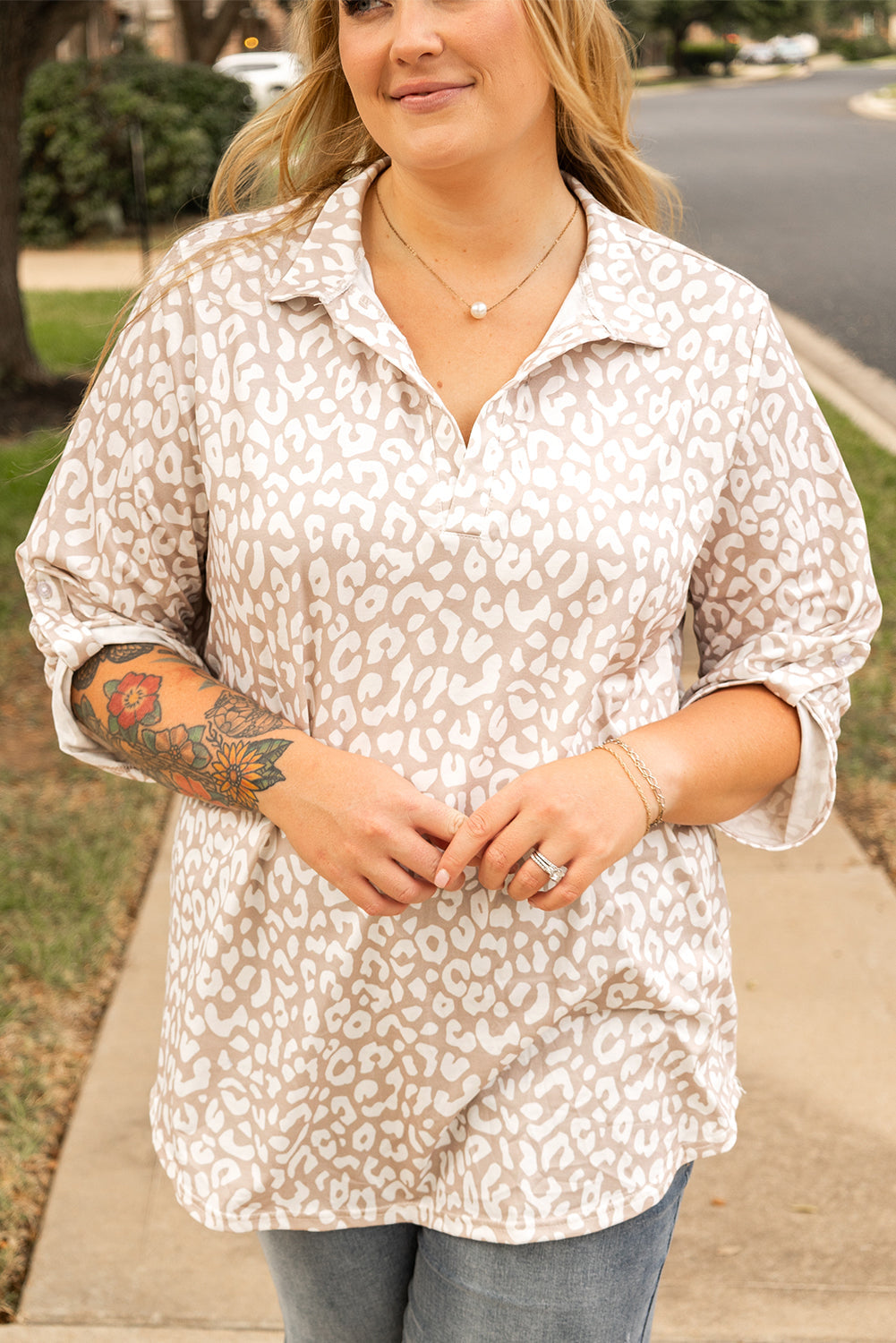 Apricot Leopard Tab Sleeve V Neck Plus Size Top Wild and Free Boutique