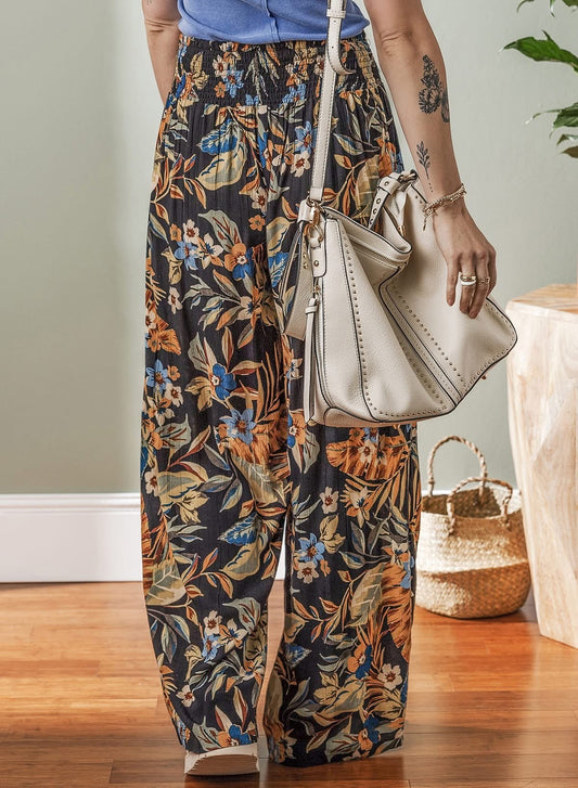 Multicolour Floral Shirred Pants with tie