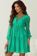 Load image into Gallery viewer, Sea Green V Neck Puff Drawstring Shift dress
