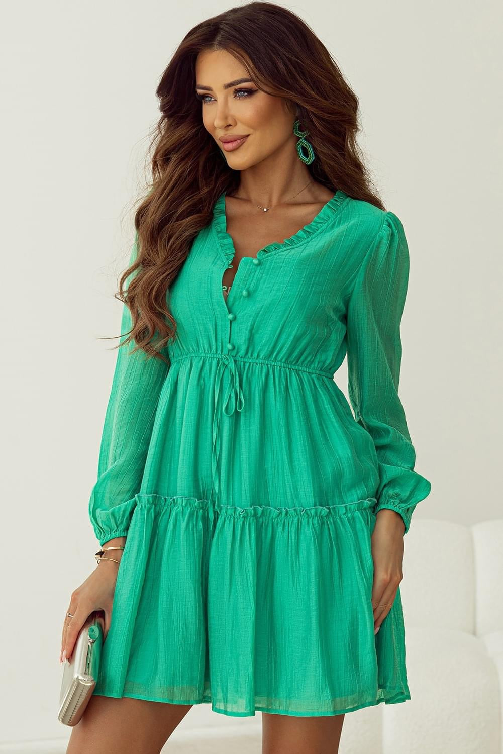 Sea Green V Neck Puff Drawstring Shift dress