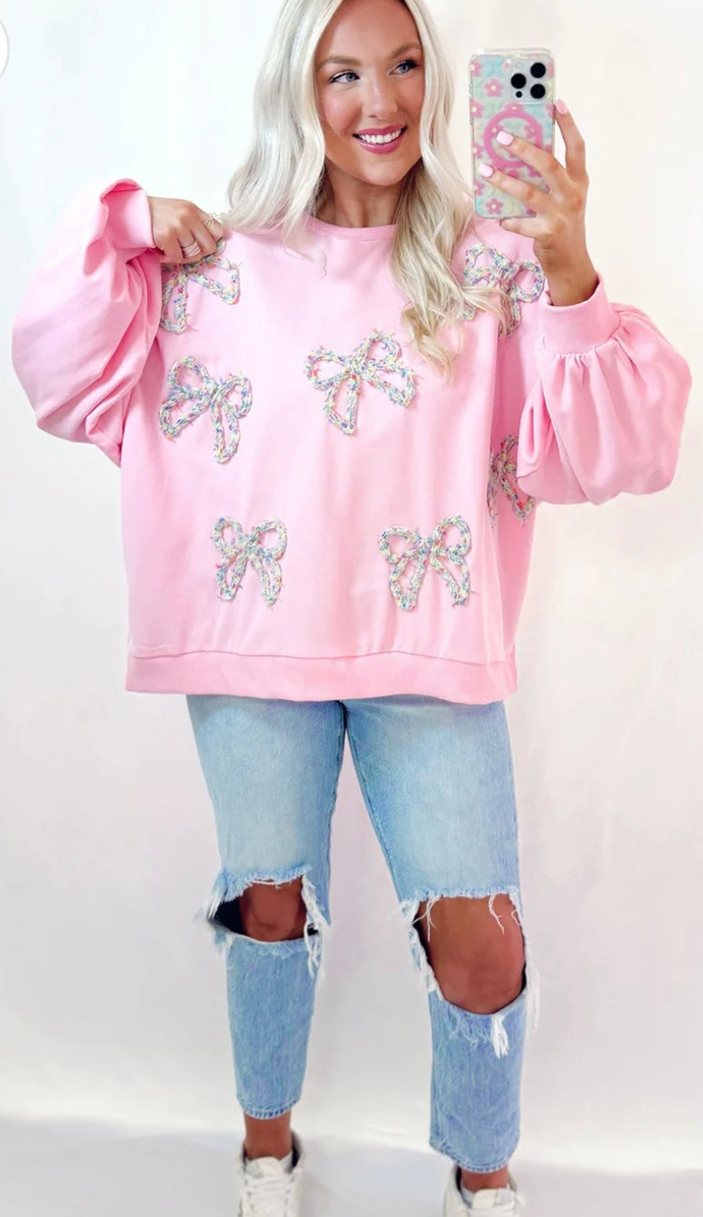 Bow Decor Loose Sleeve Sweatshirt - Ships 9/30