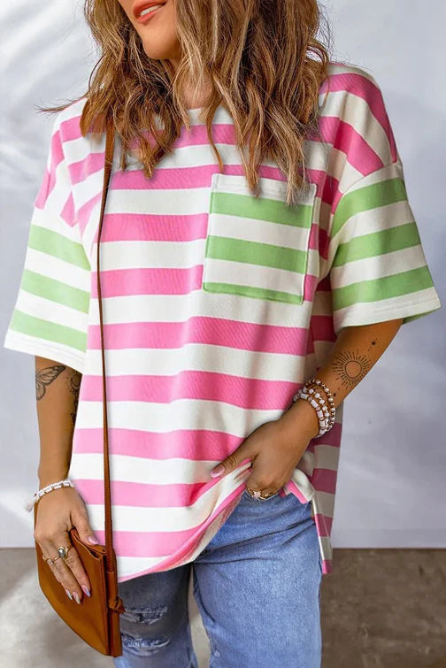 Pink Cabo Cabana Stripe Contrast Pocket Tee